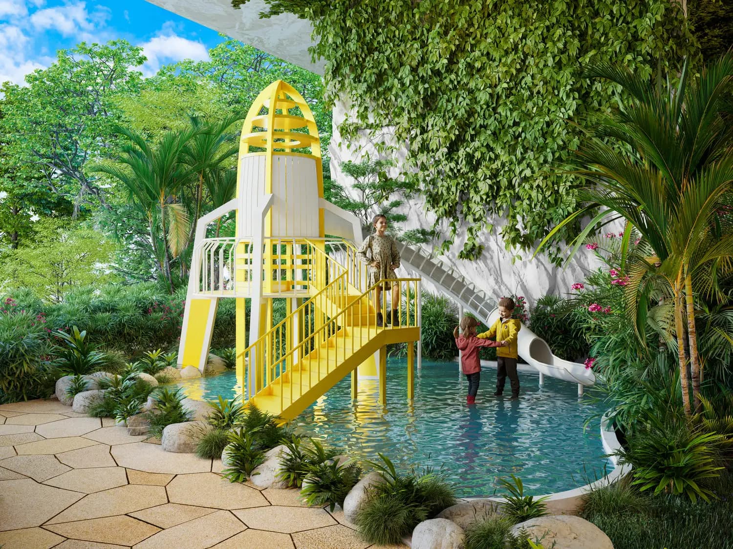 Kids' rocket-themed playground beside a shallow pool surrounded by palms