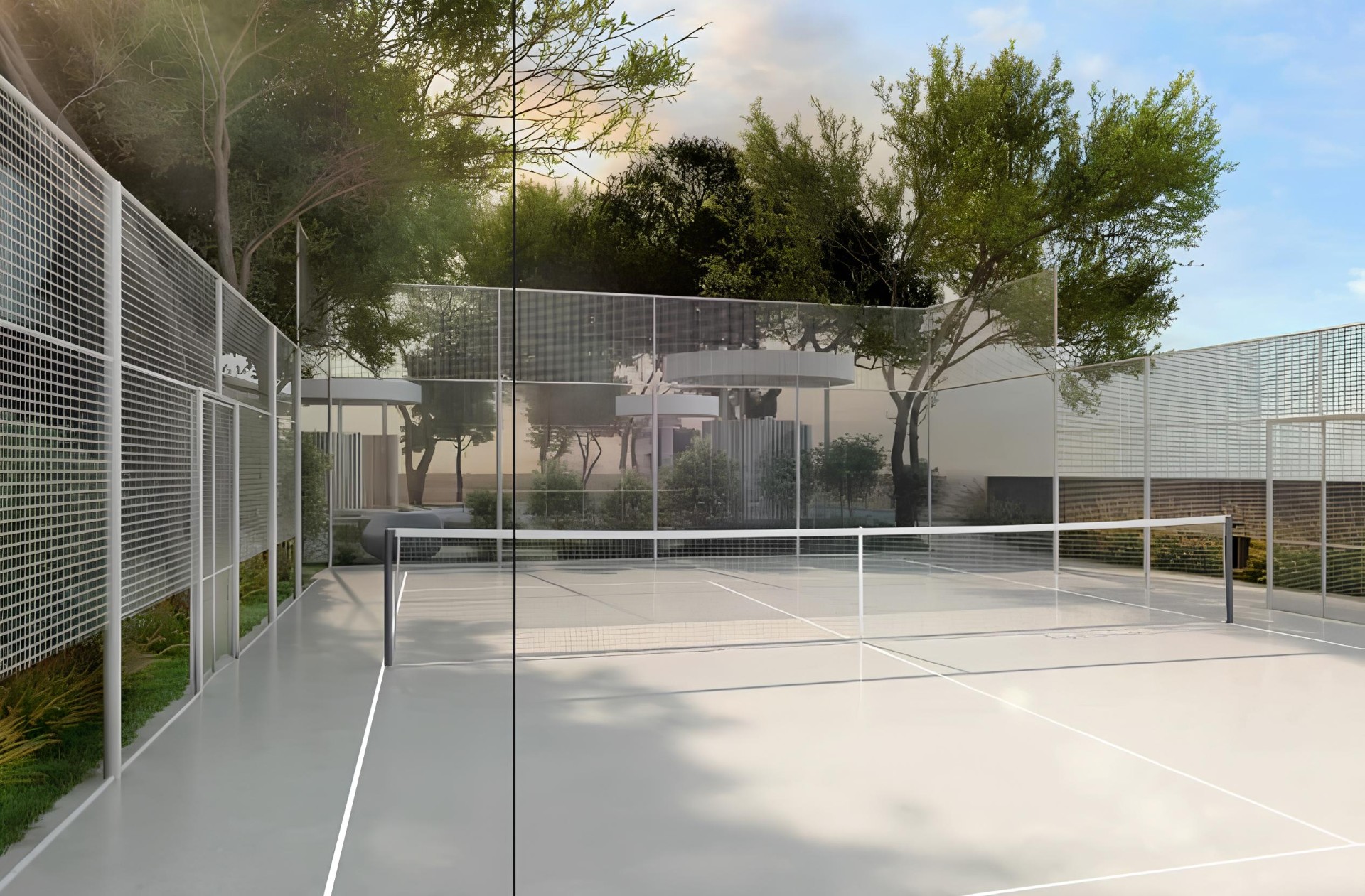 Sonate Residences padel tennis court with glass walls surrounded by greenery