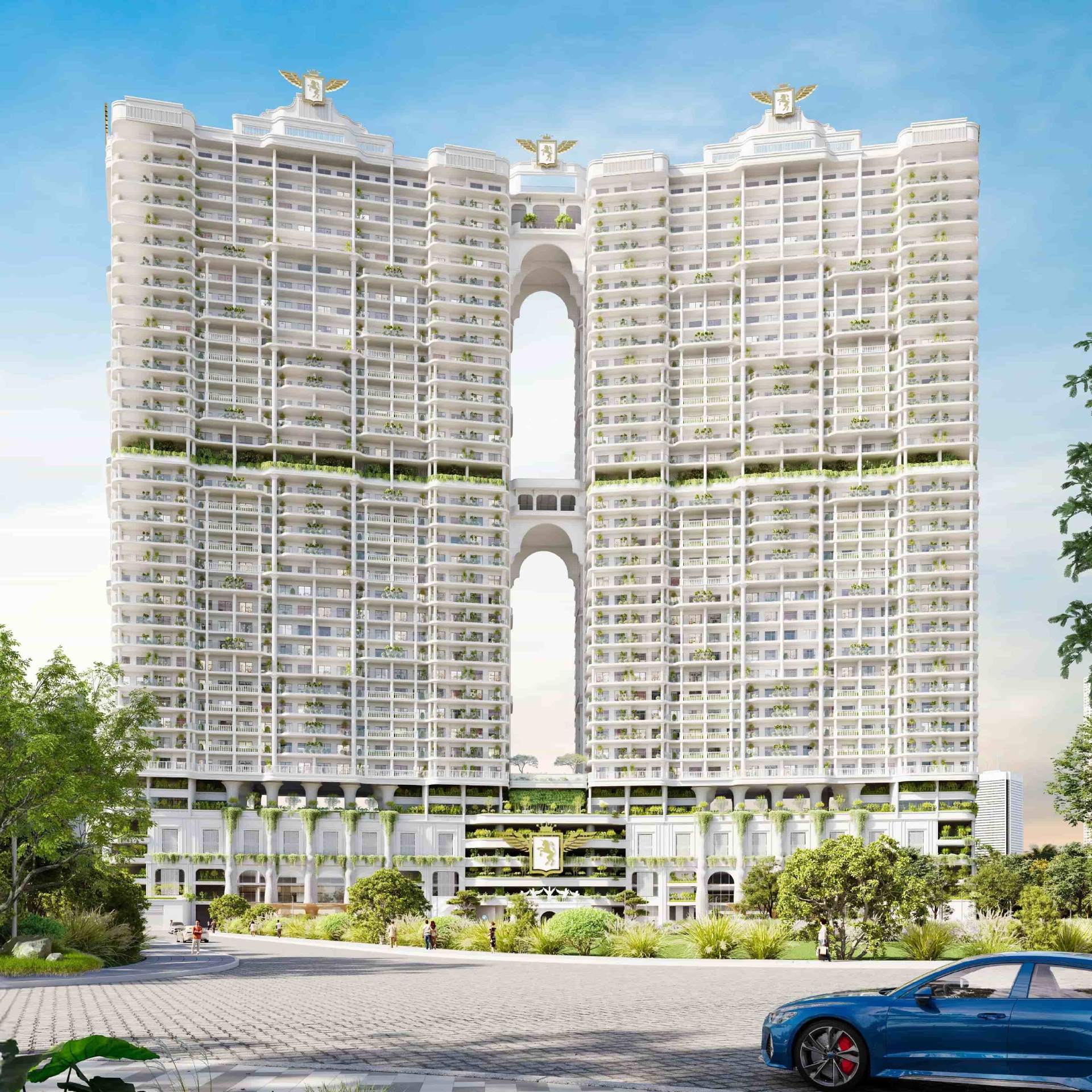 Daytime view of Vincitore Wellness Estate with Victorian architecture, arches and green terraces