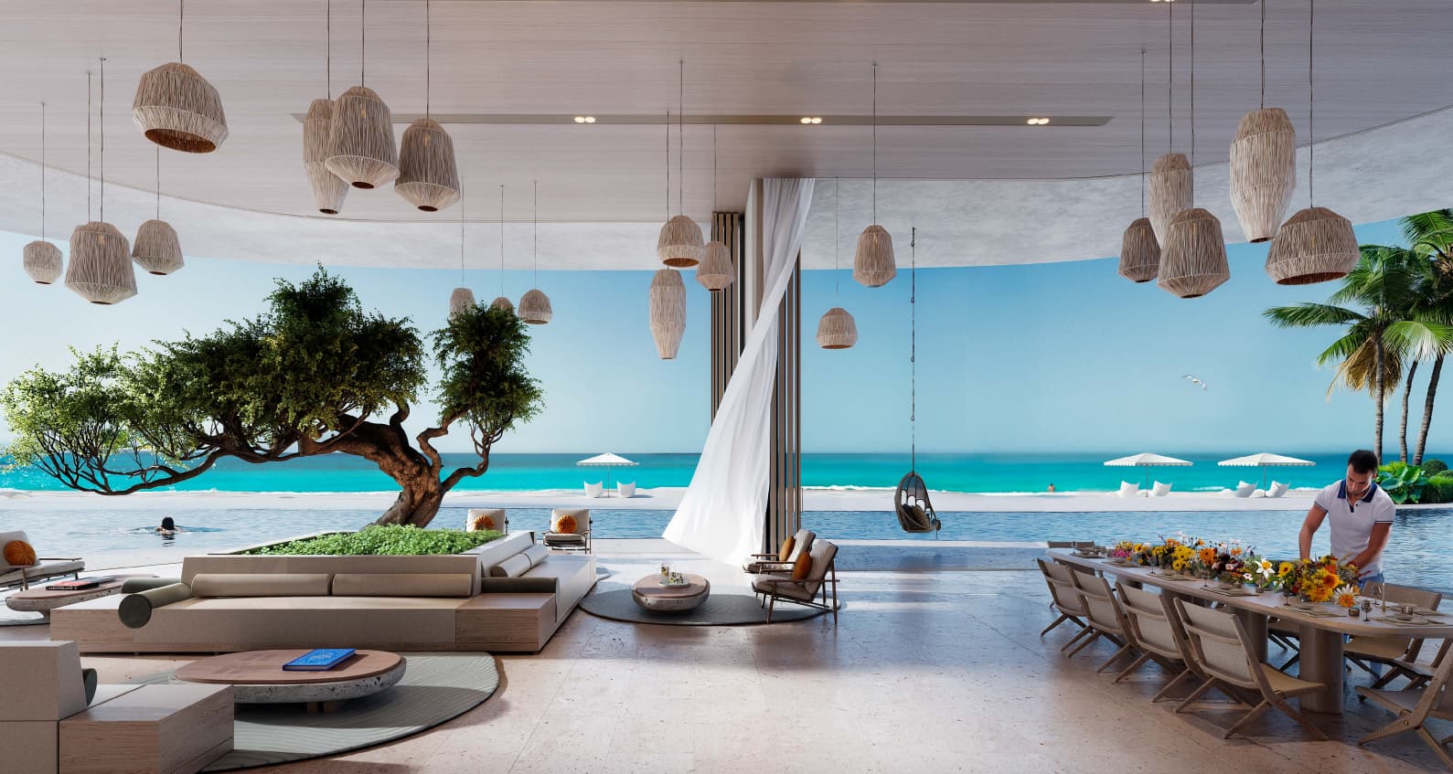 Curved balconies of AYA residence with sea view at sunset