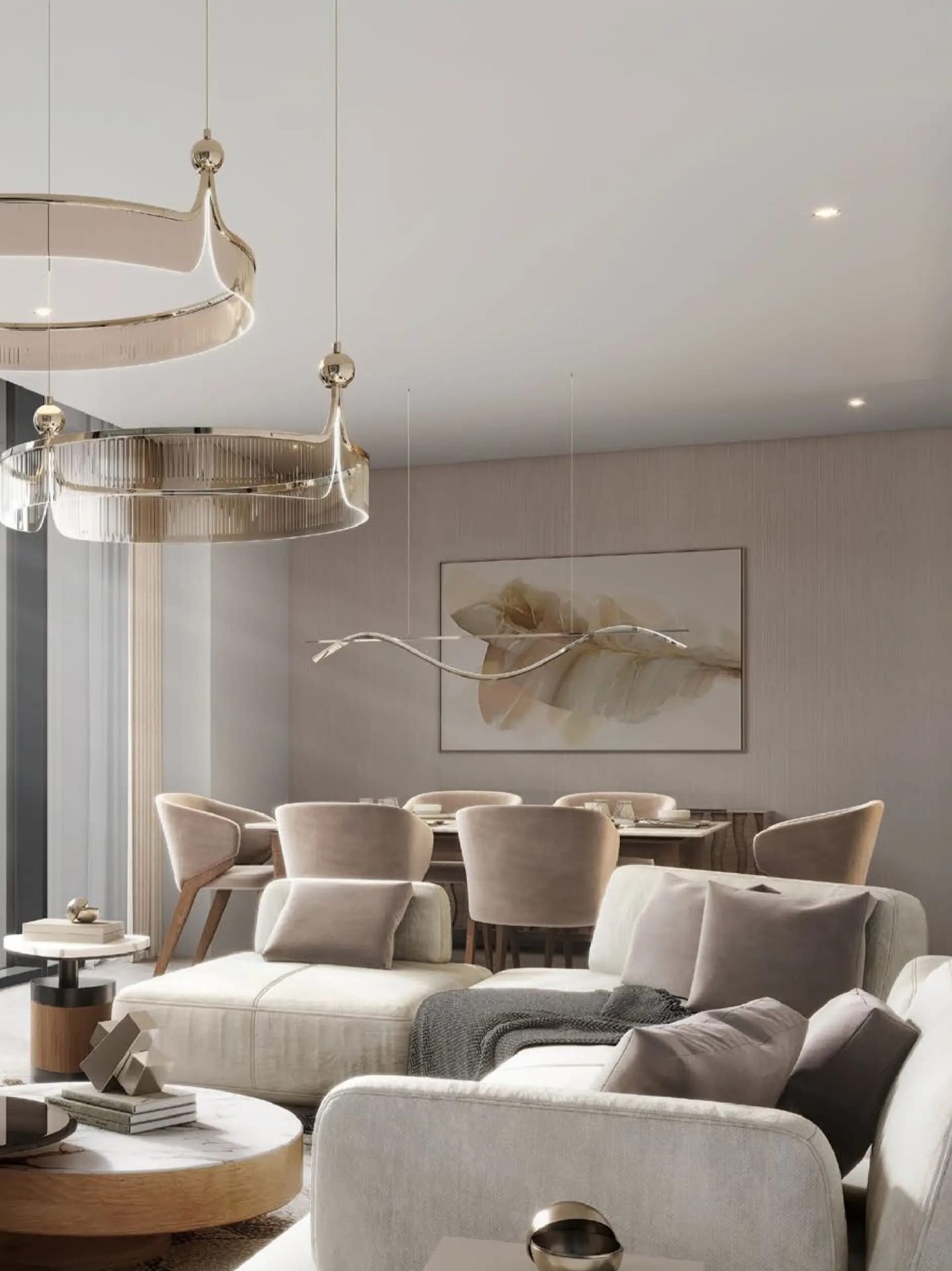 Elegant dining and living area in neutral tones with designer lighting in a Sobha Aquacrest apartment