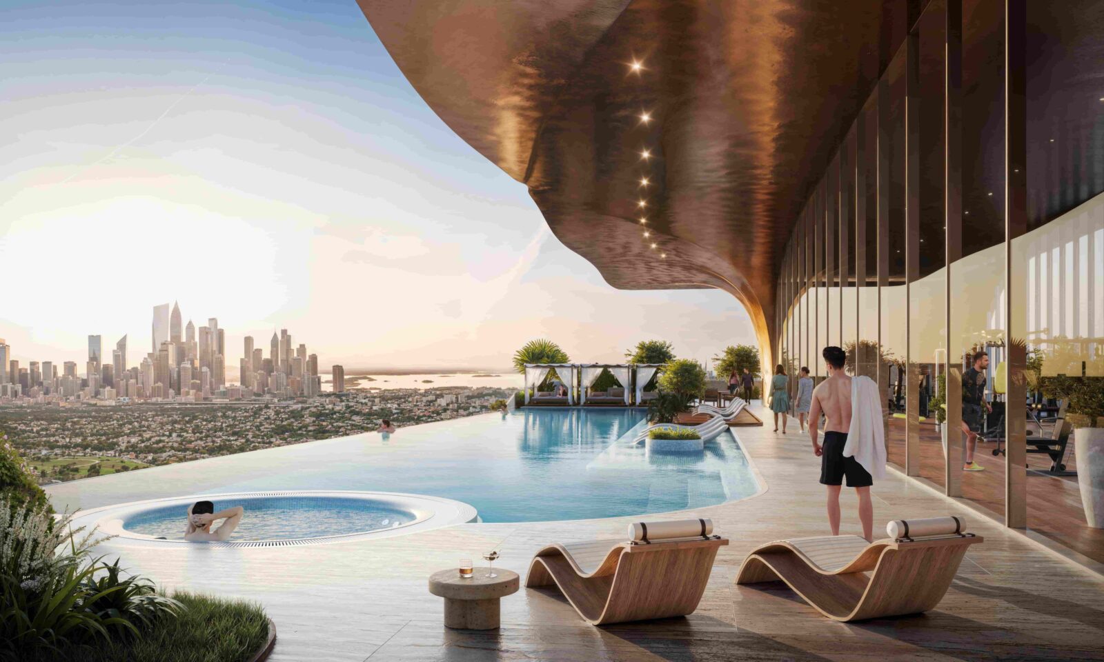 Střešní infinity bazén s výhledem na panorama Dubaje