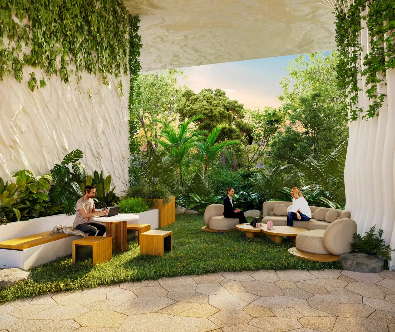 Outdoor coworking area in a tropical garden with designer seating island and work tables