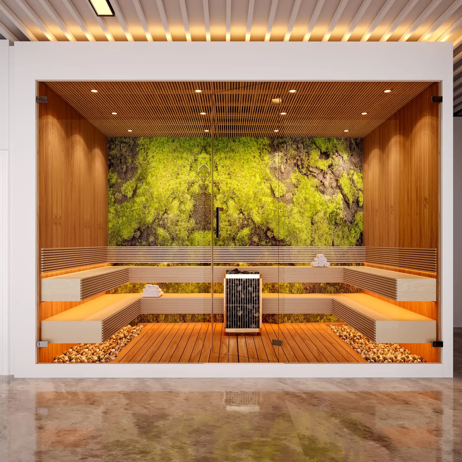 Glass-fronted Finnish sauna with cedar cladding, lava stones and moss feature wall