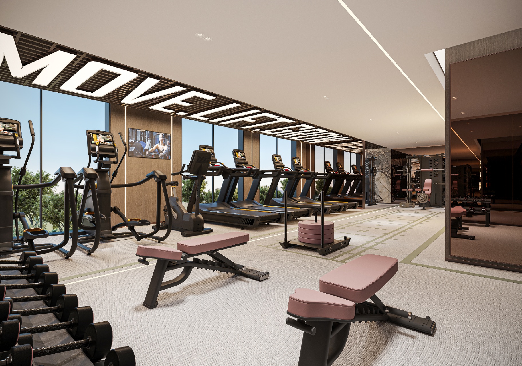 Fitness centrum Oxford Cove s běžeckými pásy, cardio a silovou zónou