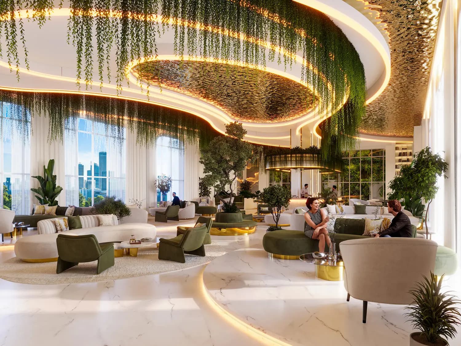 Signature lobby with organic ceiling, hanging greenery, marble floor and designer seating clusters