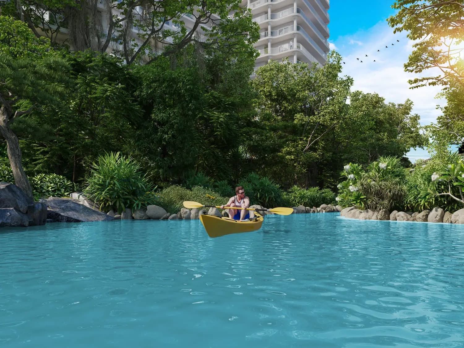Kayaking on the private lagoon at the foot of the Vincitore Wellness Estate residential tower