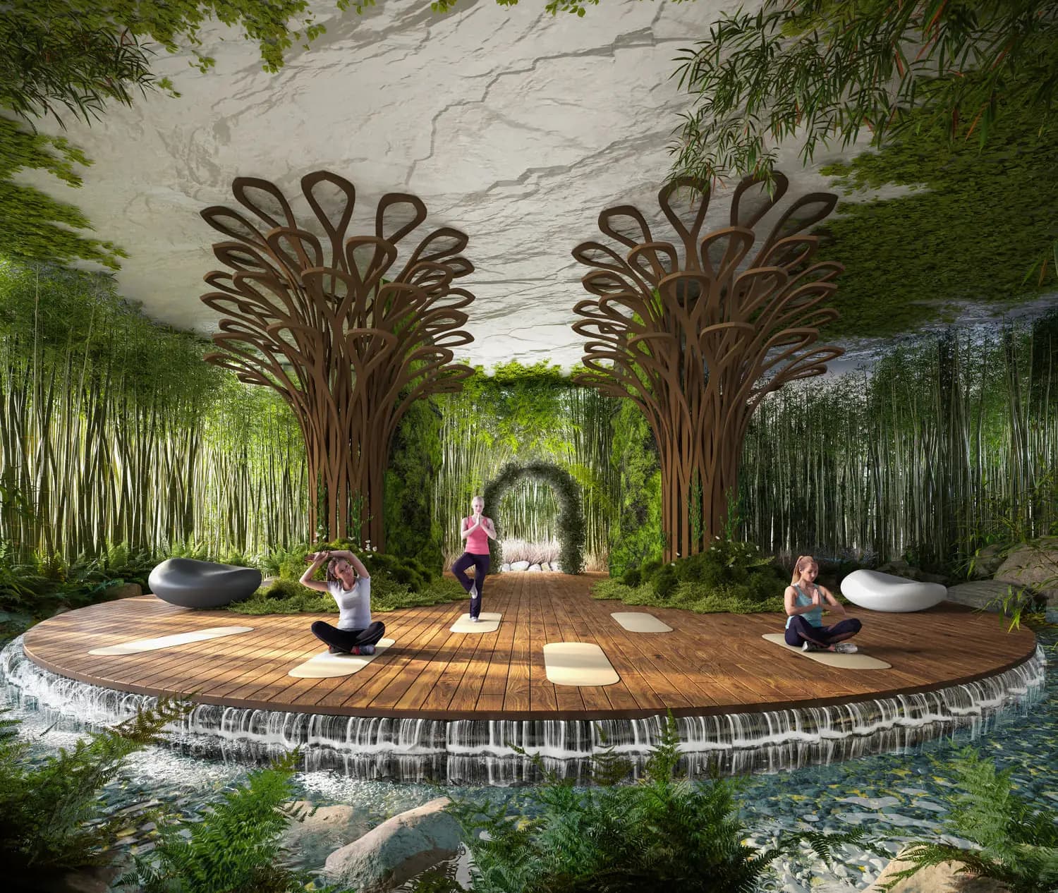 Yoga and meditation studio inside a bamboo forest with wooden platform above a water cascade