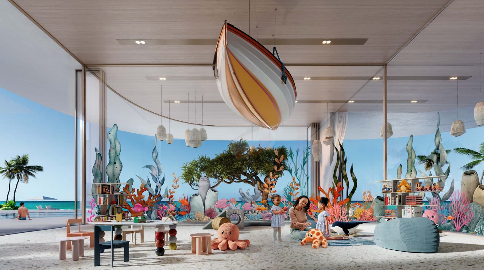 Kids club with underwater theme and playful boat installation