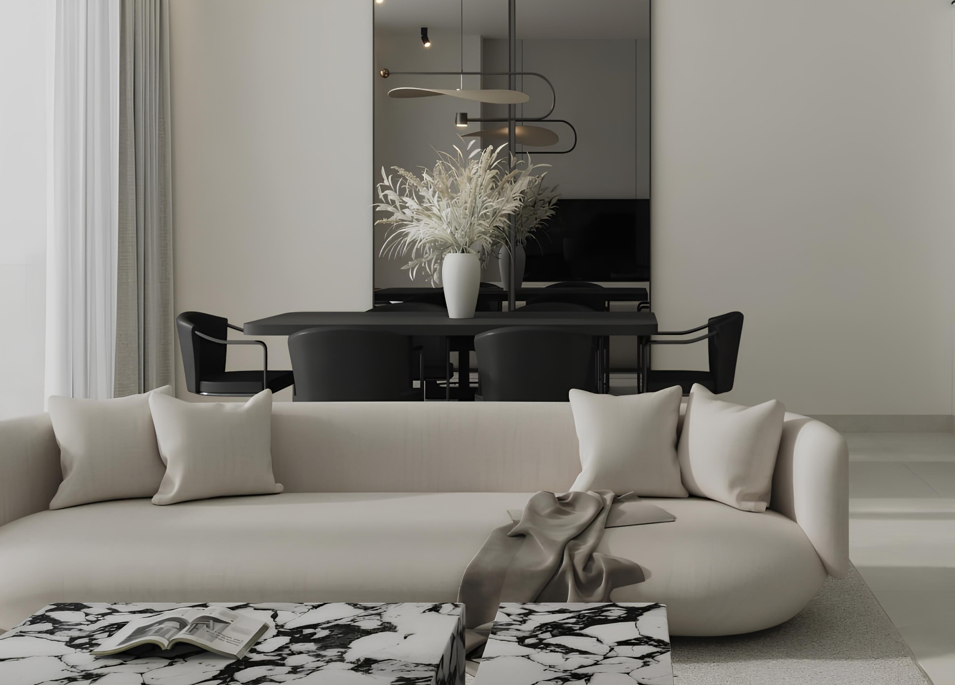 Bright Sonate apartment living room with beige sofa and marble coffee table