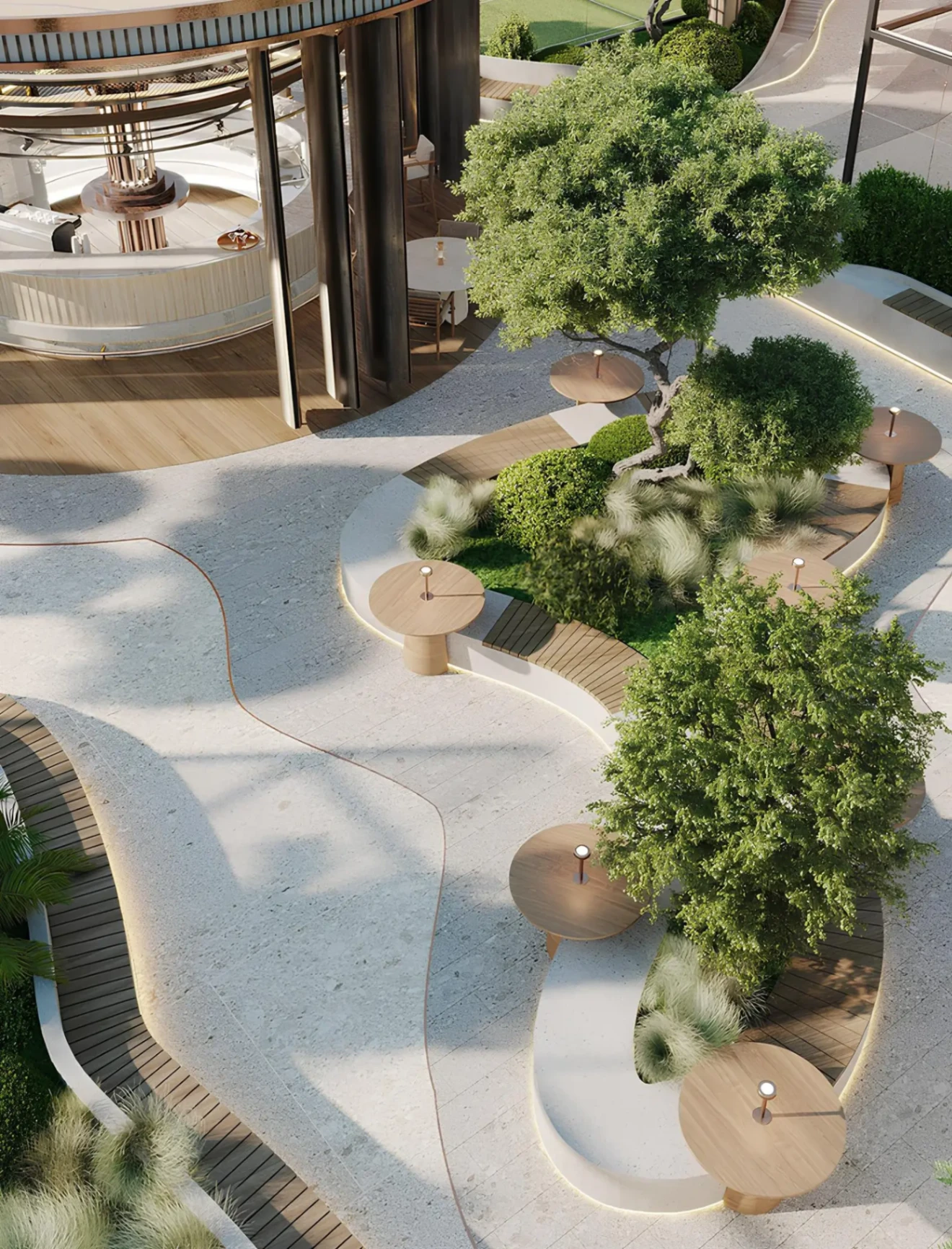 Zenová zahrada z ptačí perspektivy s bonsají, dřevěnými cestami a organickou krajinnou architekturou