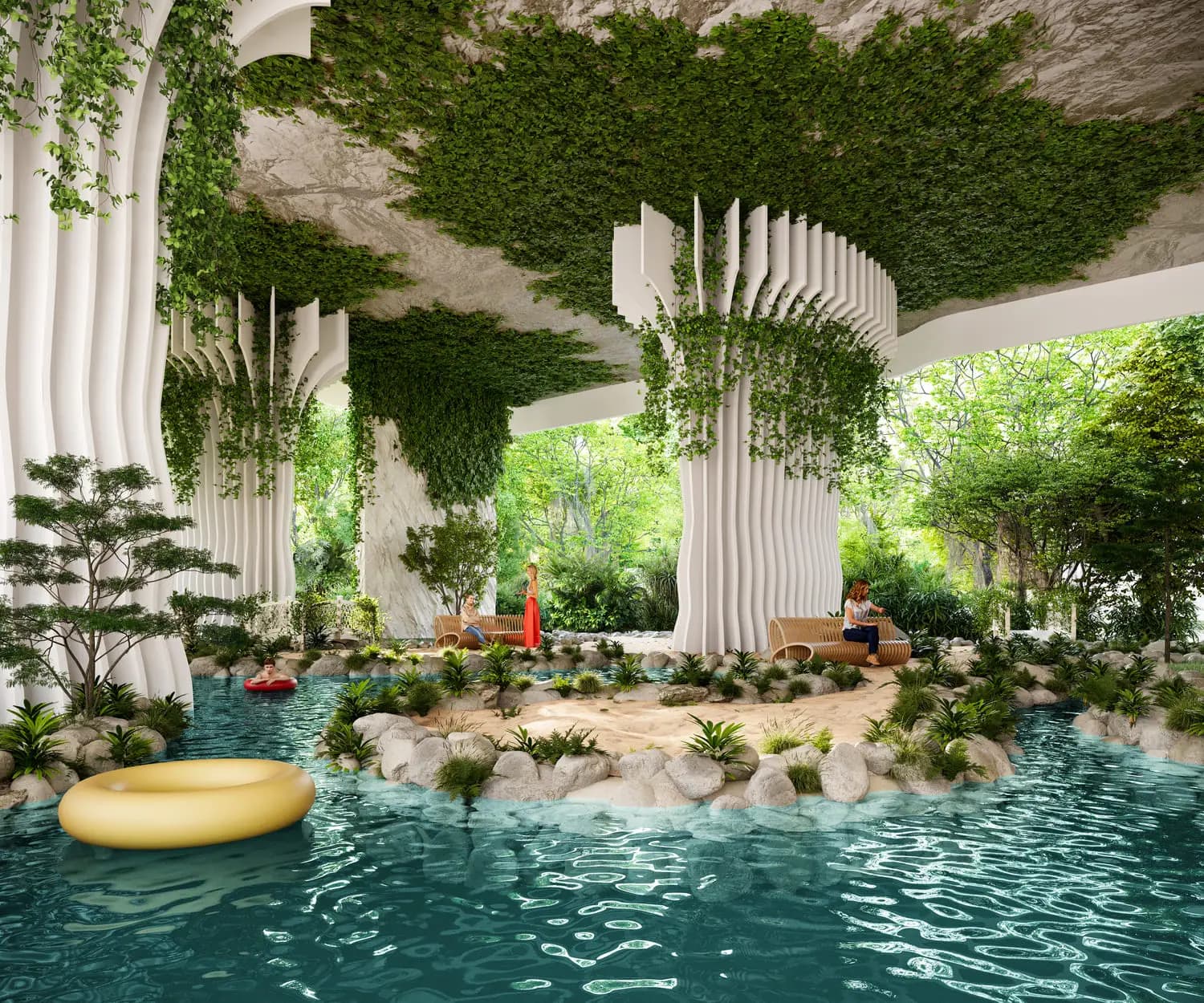 Covered lagoon grotto with sculptural ivy-covered columns and a sandy island