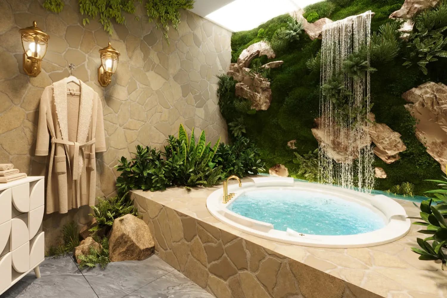 Private hydrotherapy tub with waterfall and moss wall inside the wellness club