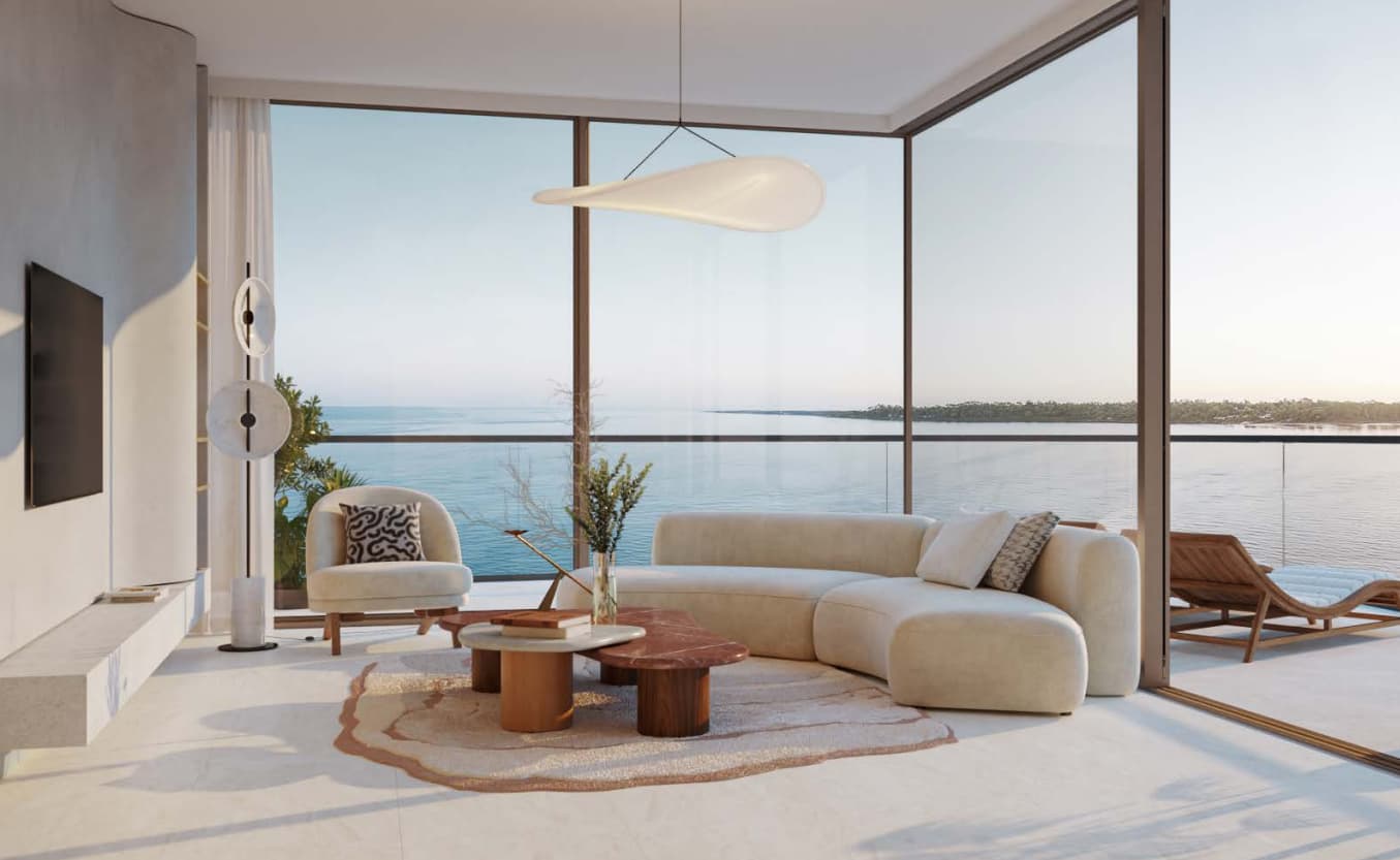 Living room with panoramic sea view and designer furniture