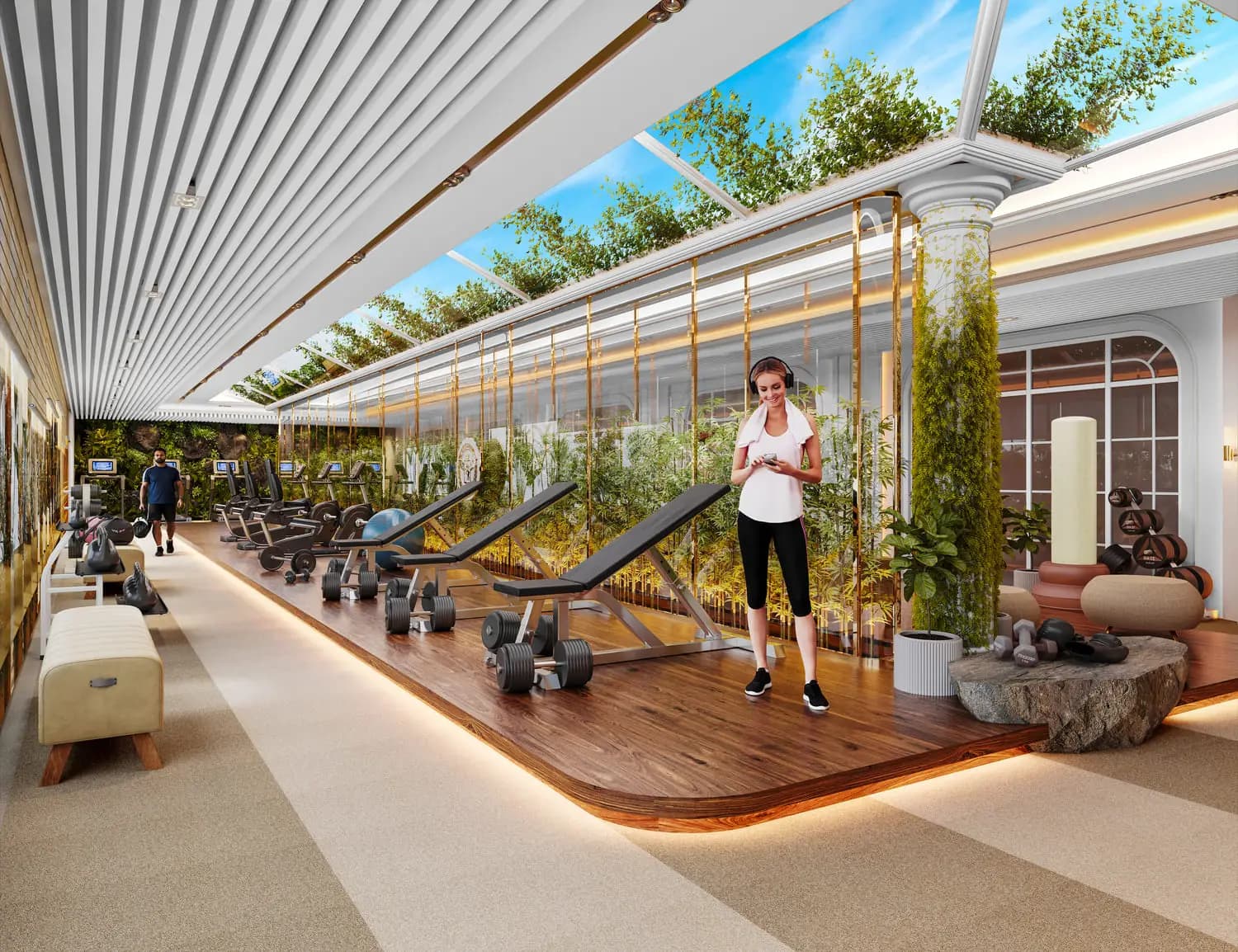 Sunlit wellness gym with glass roof, vertical greenery and premium Technogym equipment