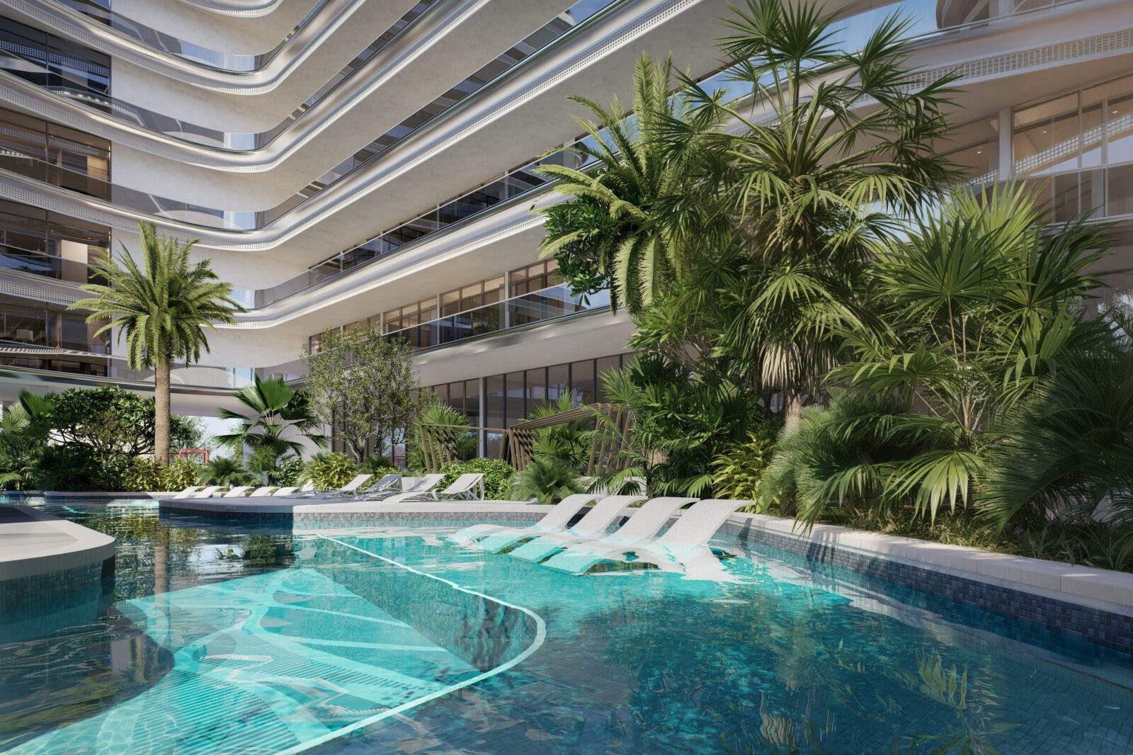 Zahradní bazén Bond Enclave se zaoblenými balkony, palmami a tropickou vegetací