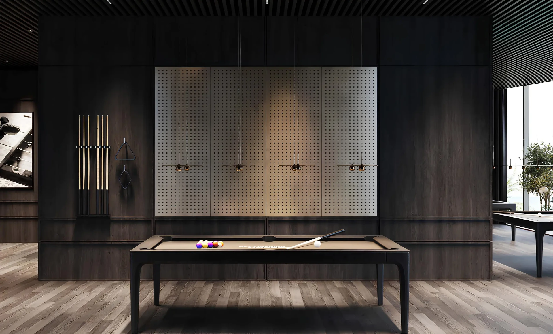 Billiard room s designovými panely a přírodním osvětlením