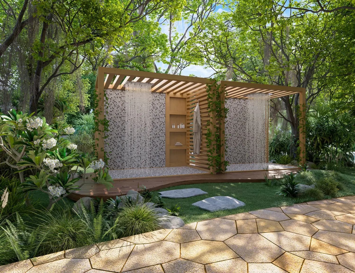 Designer outdoor showers under a wooden pergola in the middle of a leafy garden