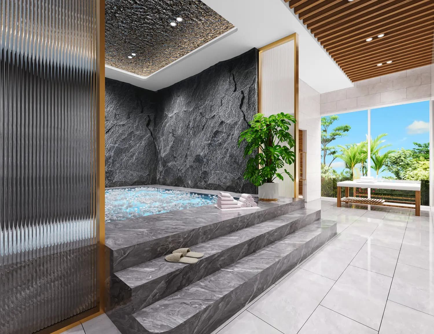 Ice plunge bath with natural stone wall and gold accents in the premium spa zone