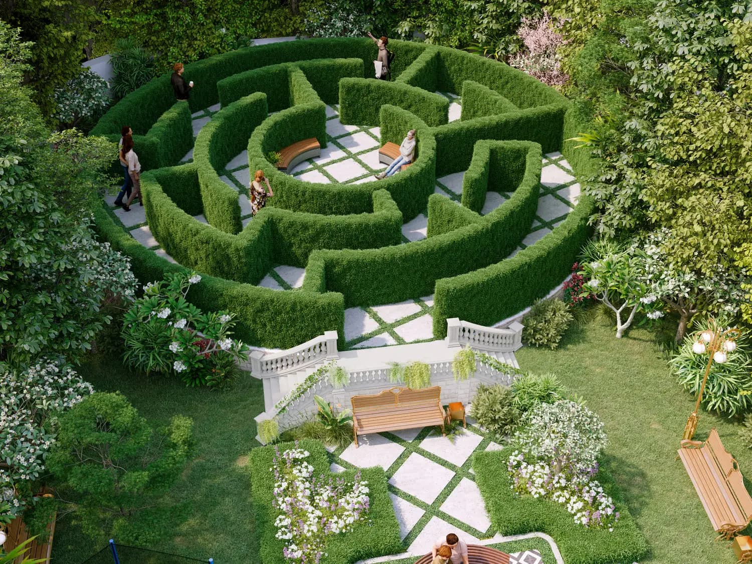 Circular hedge maze surrounded by mature greenery and flower beds