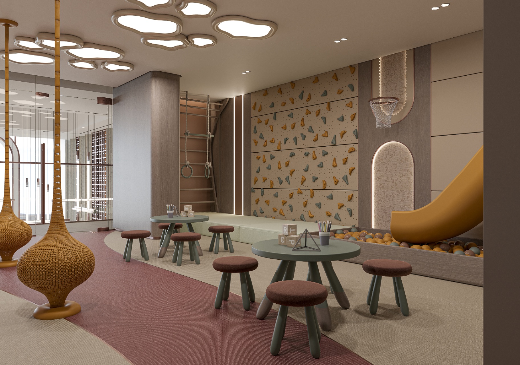 Vnitřní dětská herna Oxford Cove s lezeckou stěnou, skluzavkou a designovým osvětlením