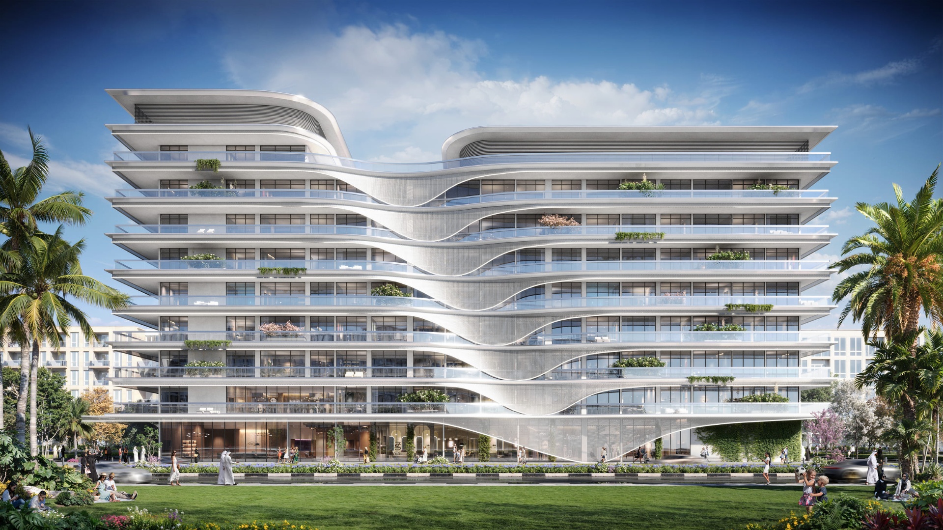 Detail zvlněné bílé fasády Bond Enclave s balkony plnými zeleně a parkem v popředí