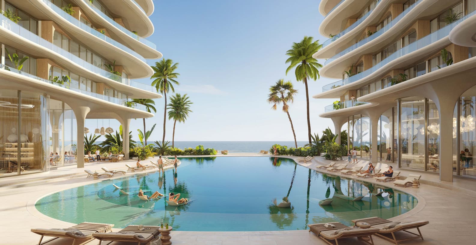 Courtyard pool between the towers with beach view