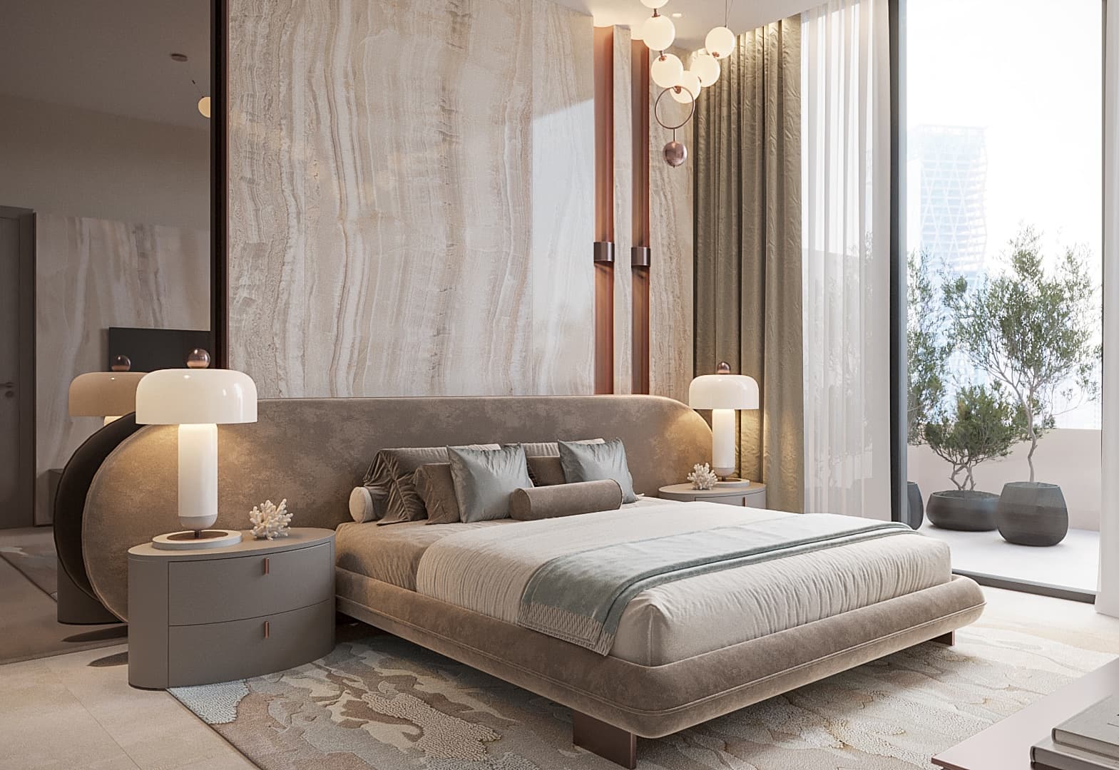 Ložnice s onyxovou stěnou a designovým osvětlením