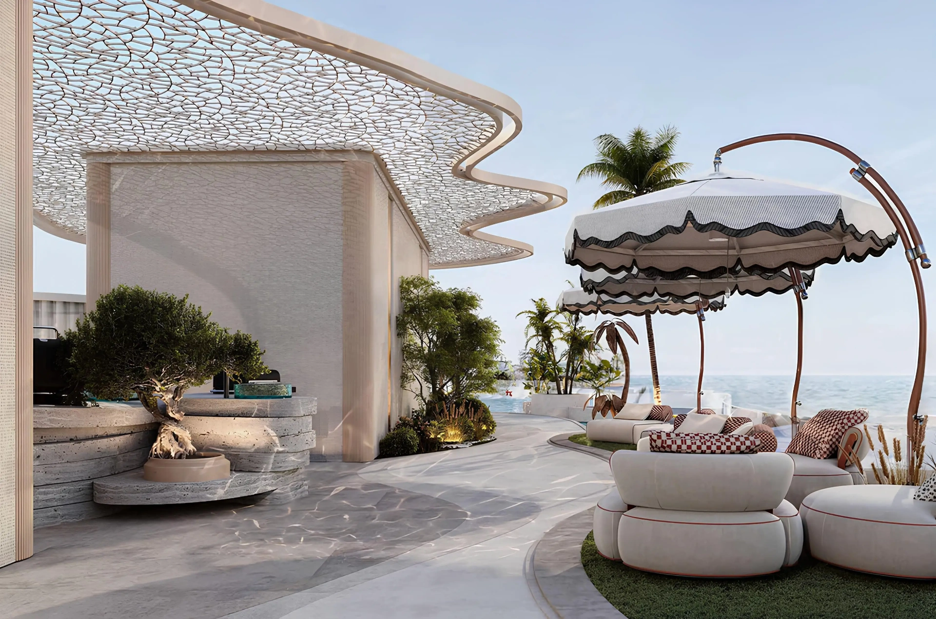 Beach klub s designovými cabanami a výhledem na moře