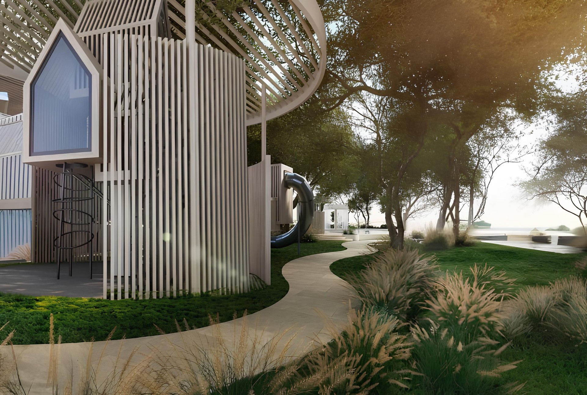 Sonate outdoor kids' playground with treehouse, slide and greenery