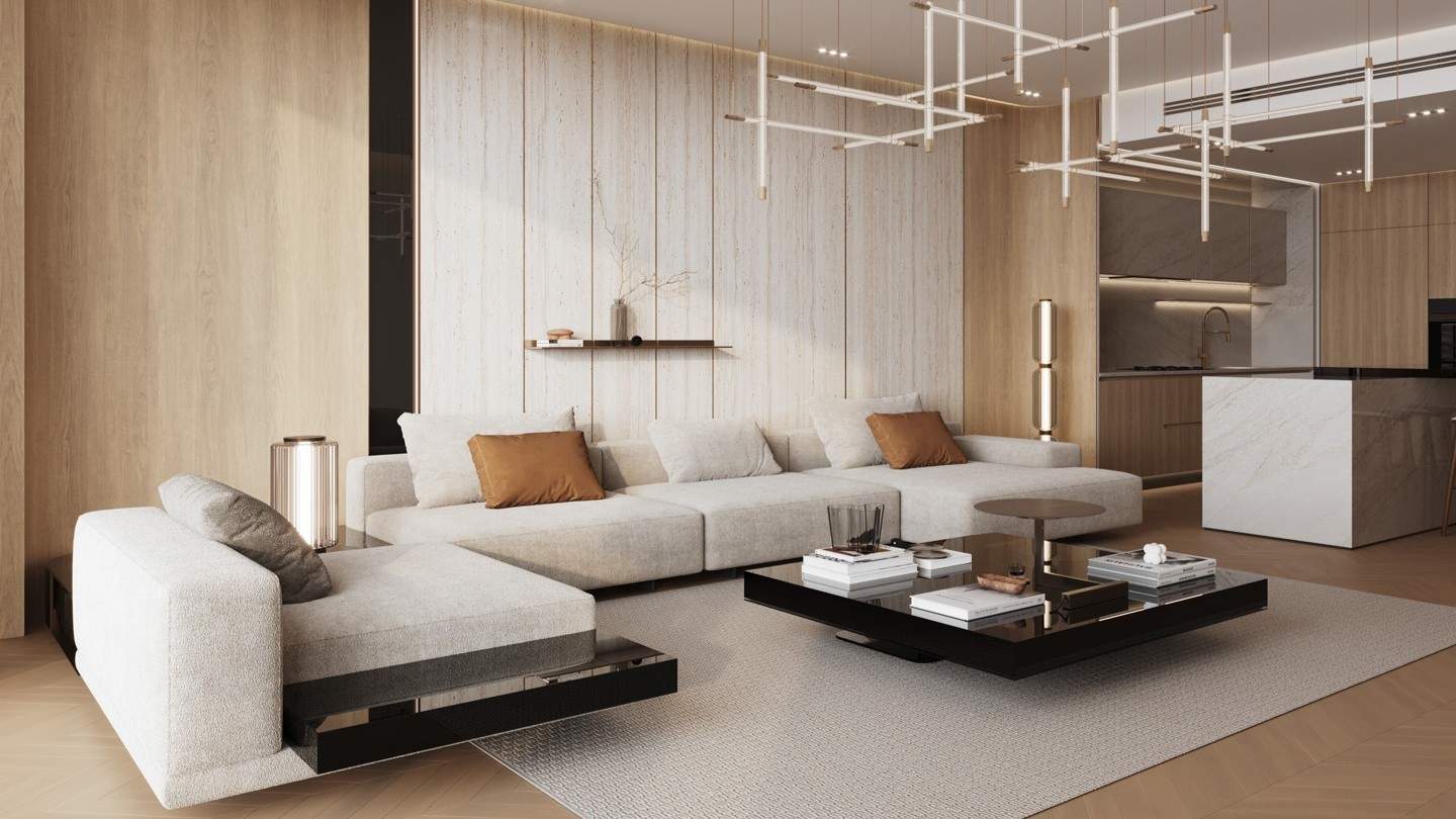 Premium Binghatti Aquarise apartment living room with light wood and designer lighting