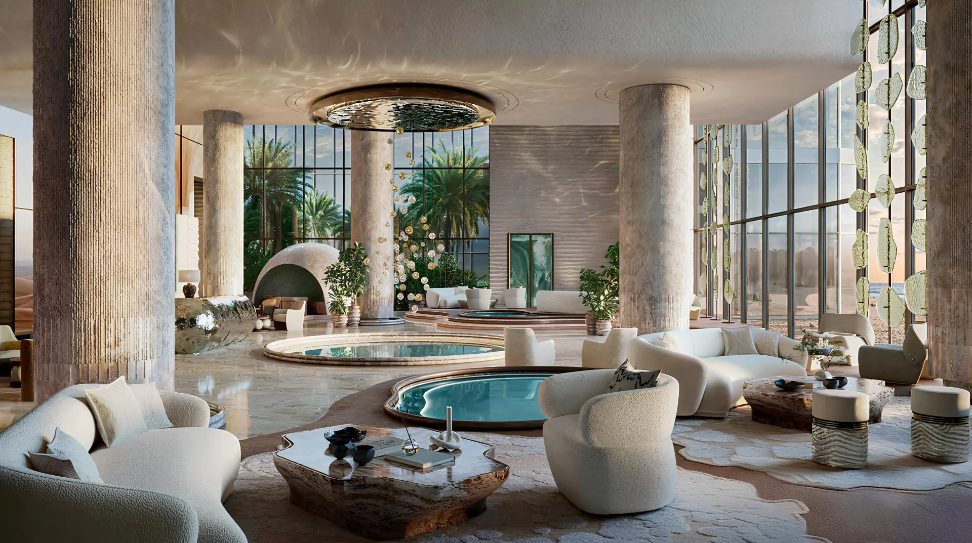 Interiér SPA a wellness zóny AMRA s jacuzzi, přírodním kamenem a výhledem přes prosklenou fasádu
