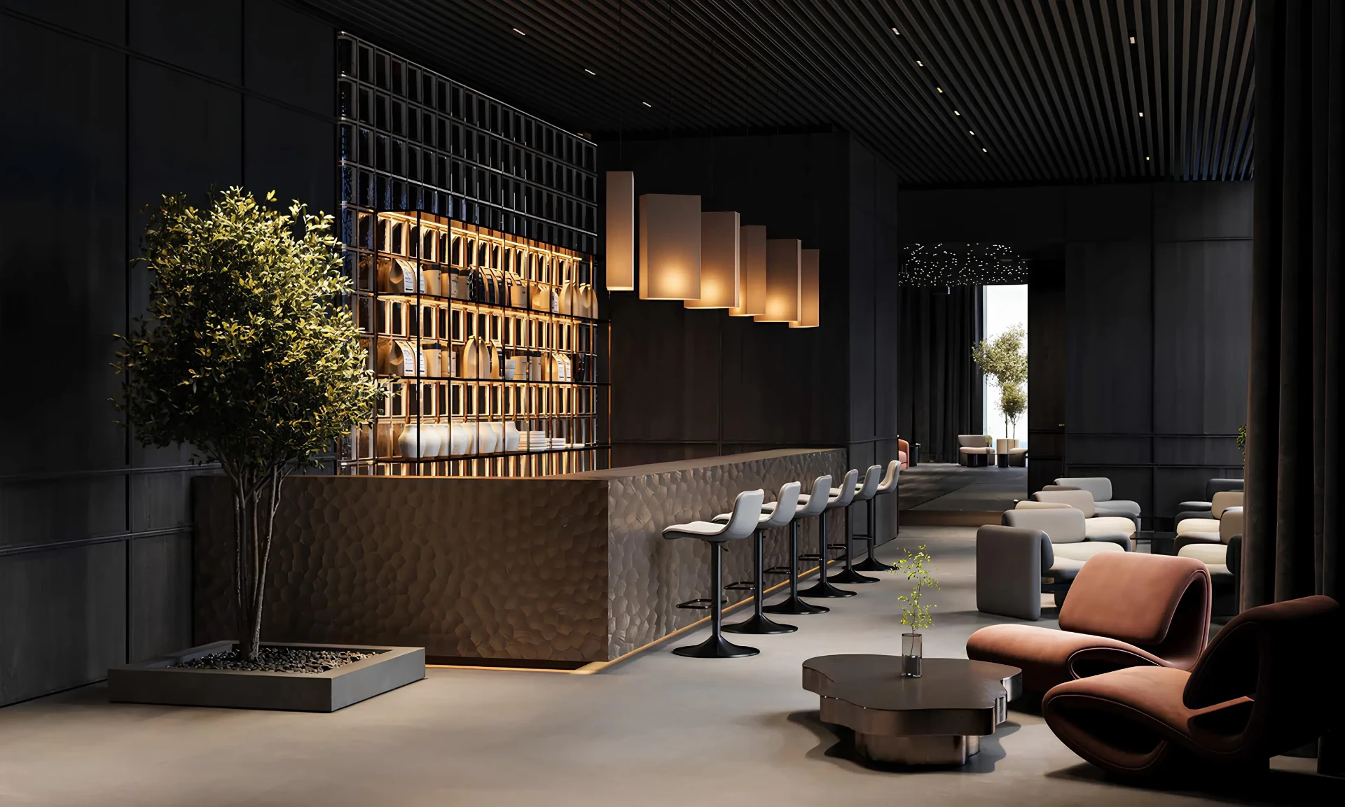 Lounge bar s vinotékou a atmosférickým osvětlením v komplexu AMRA