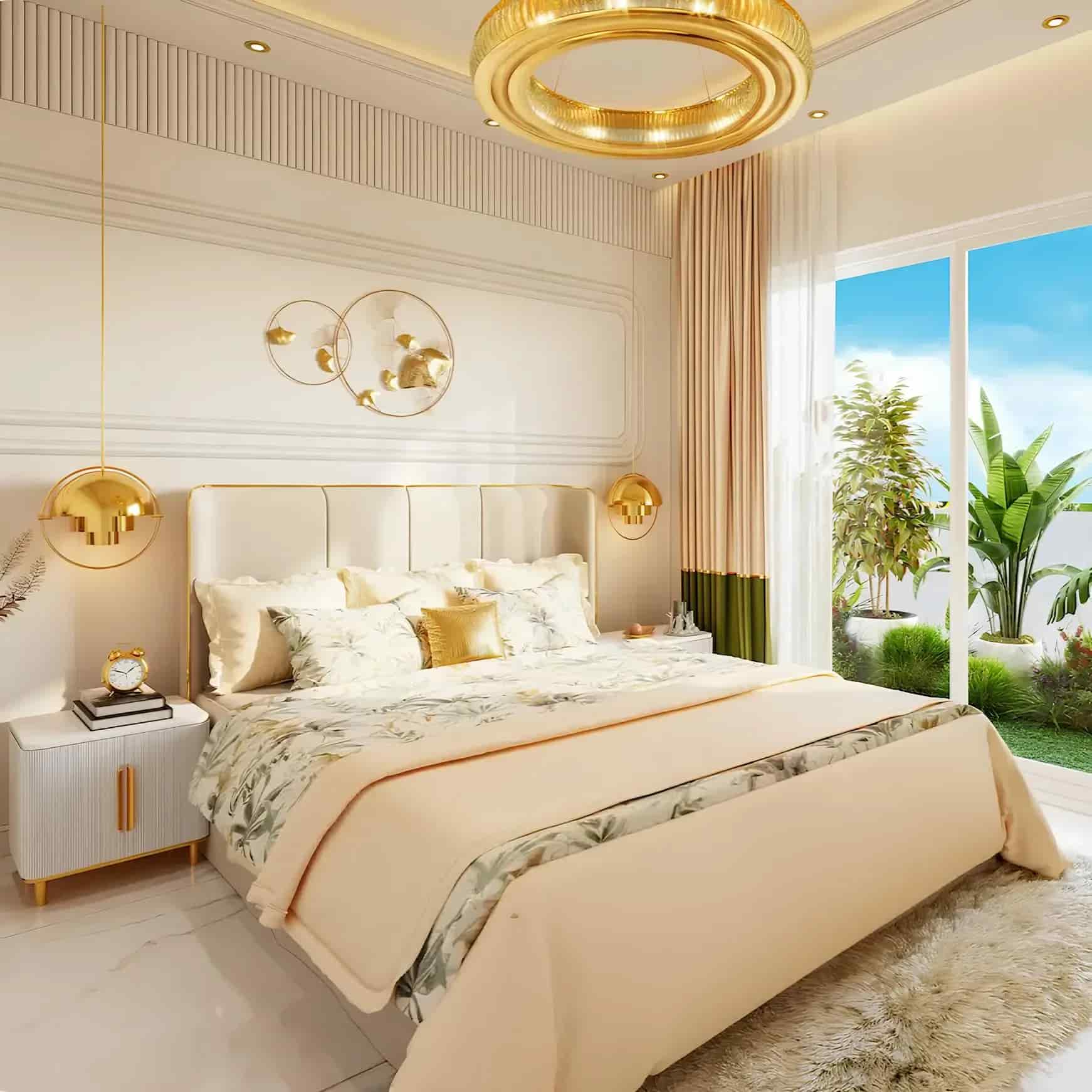 Bedroom in soft beige tones with gold chandelier, stucco panels and direct garden access