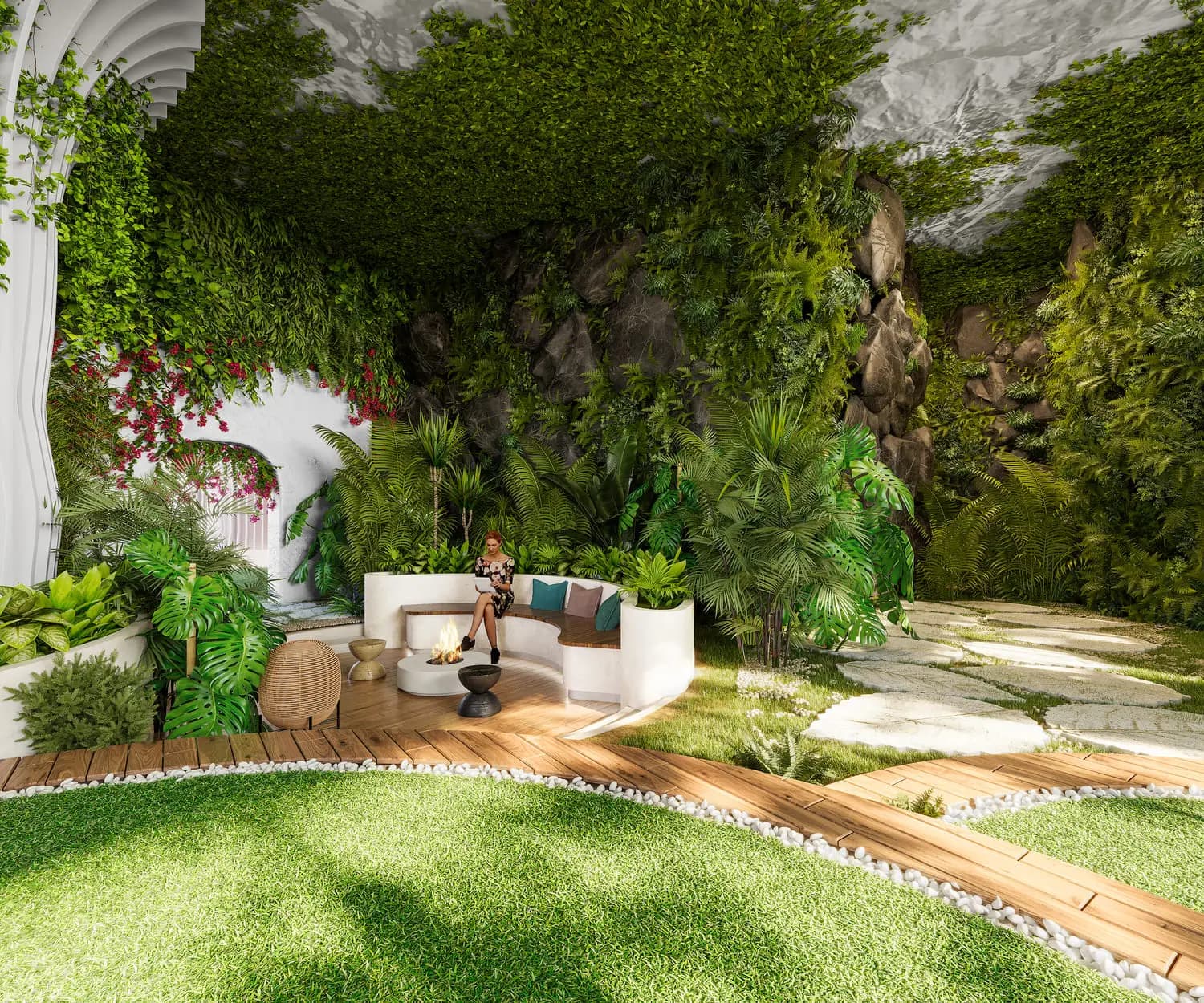 Zen lounge with fireplace, arched niches and dense tropical vegetation for quiet meditation