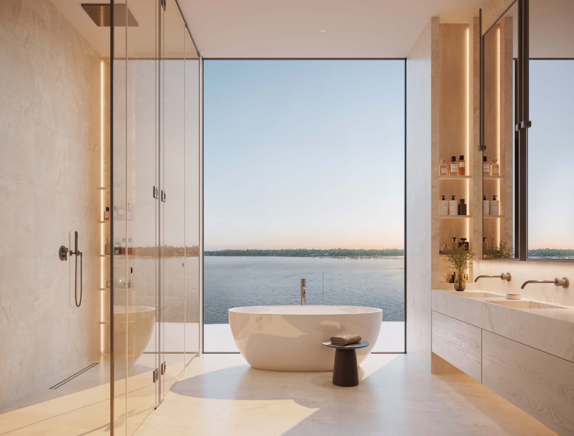 Master bathroom with freestanding bathtub and panoramic bay view
