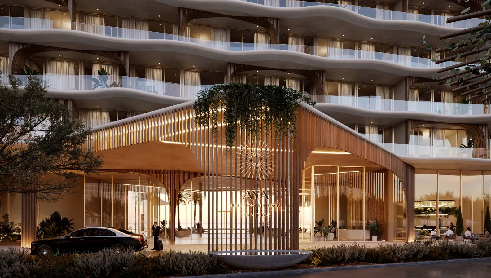 Illuminated entrance of AYA residence with wooden louver architecture at dusk