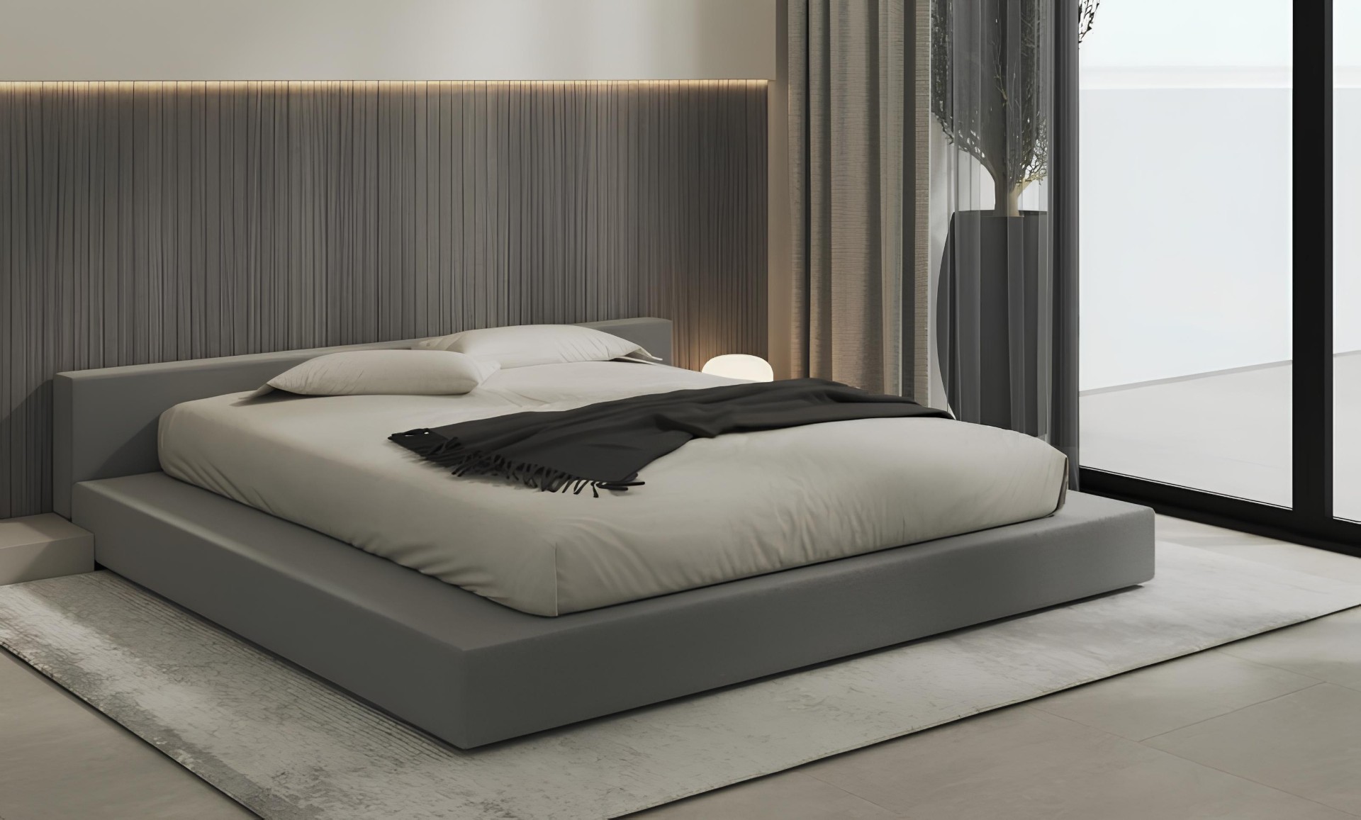 Elegant Sonate apartment bedroom with designer headboard and indirect lighting