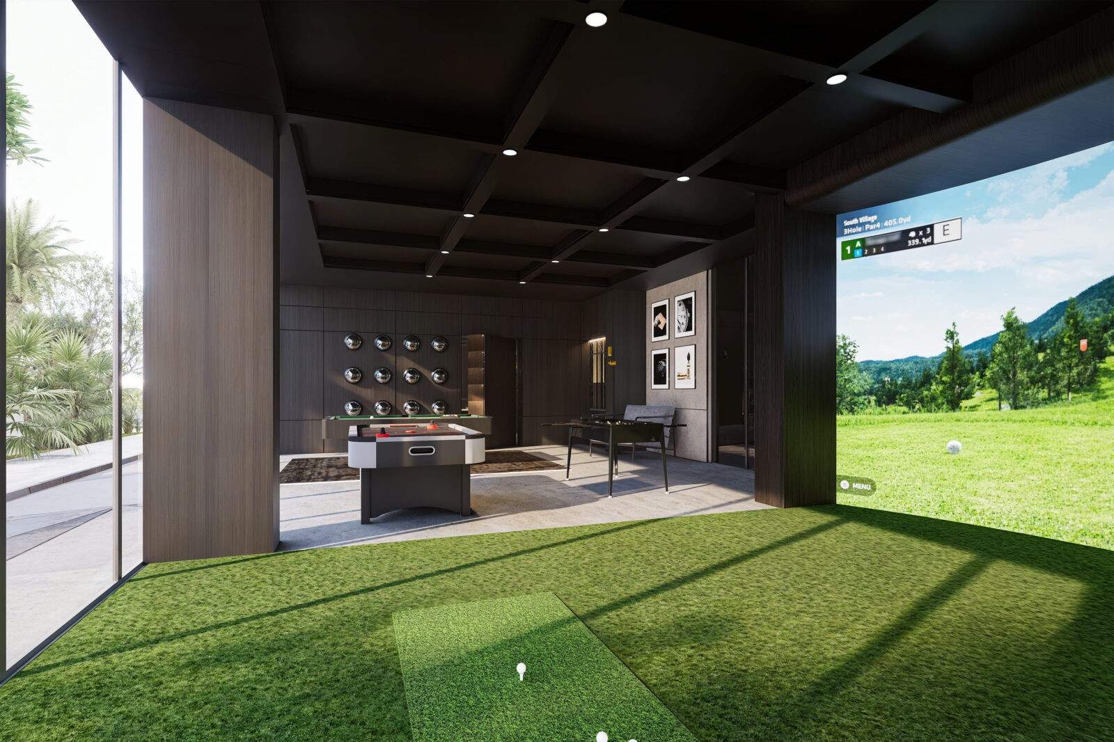 Golfový simulátor a herna Bond Enclave s air-hockey stolem a projekcí golfového hřiště