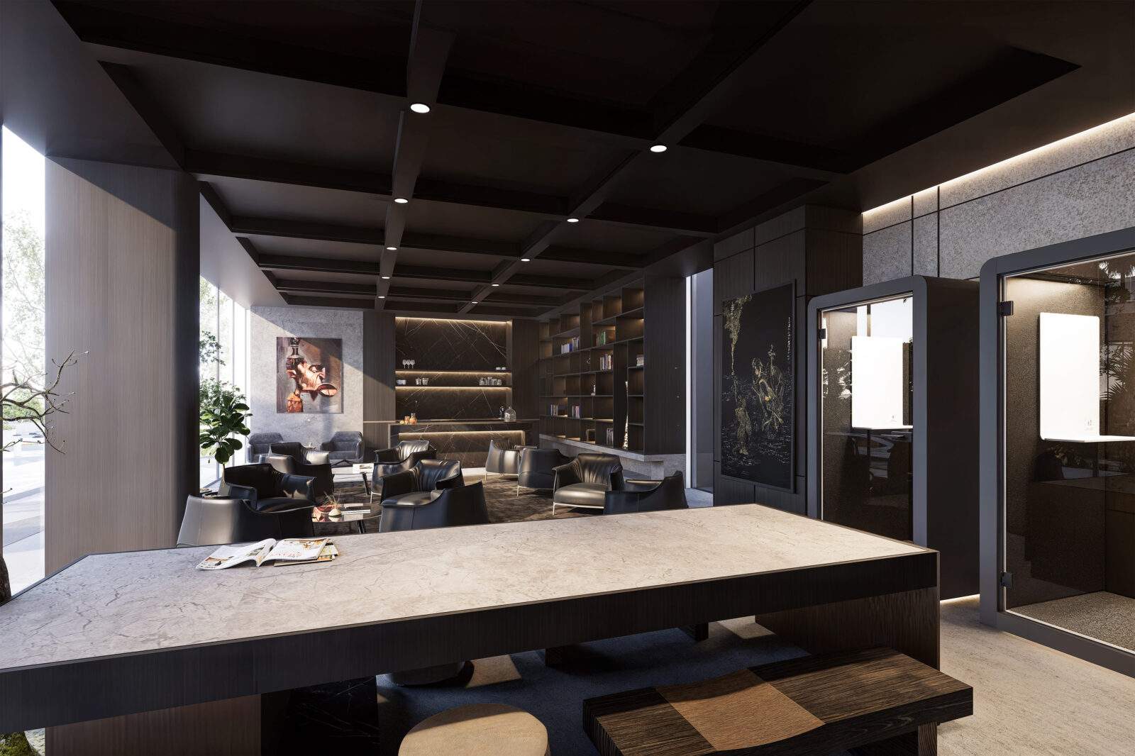 Coworkingová lounge Bond Enclave s velkým jednacím stolem, kožený sedací nábytek a zvukotěsné meeting boxy