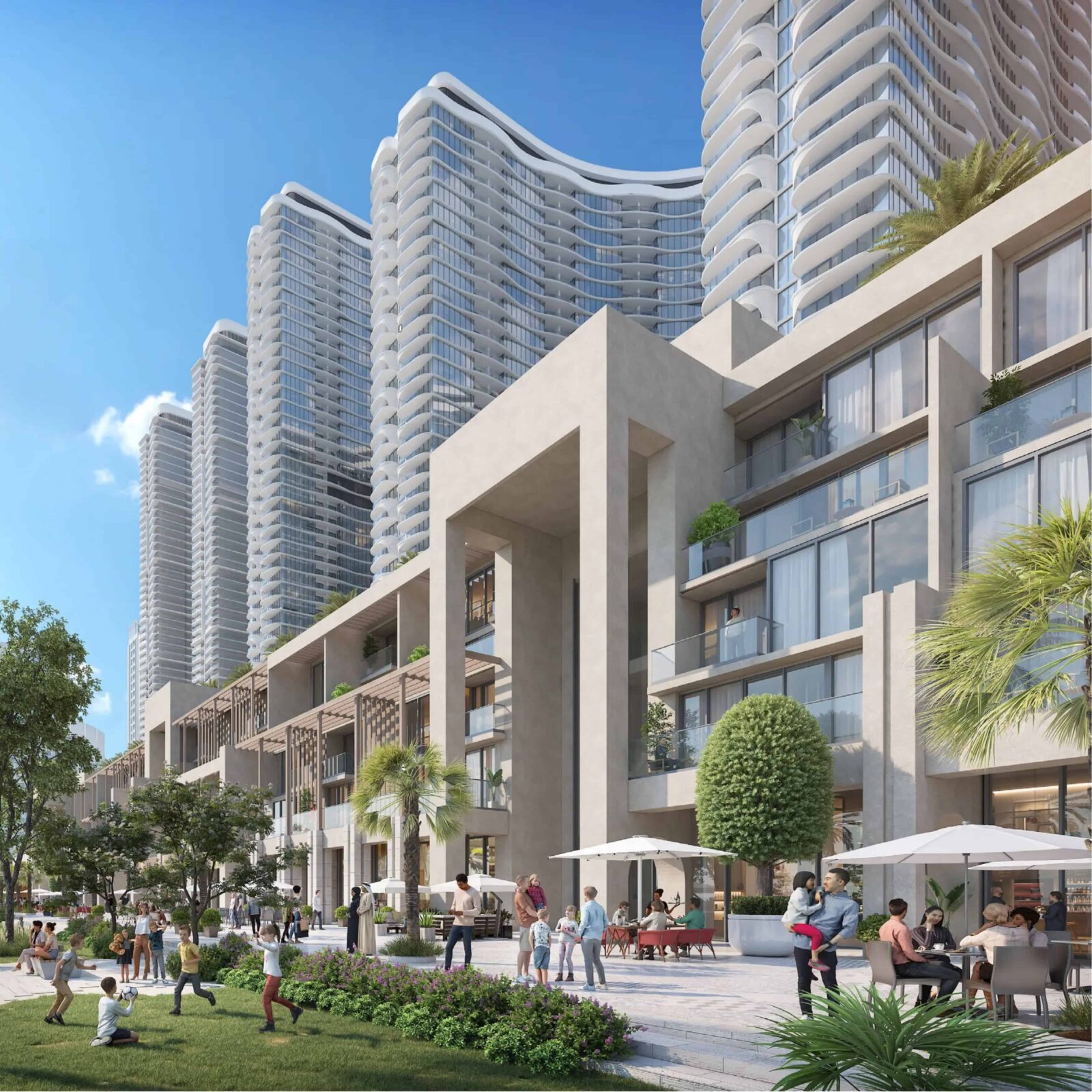 Vibrant promenade beneath the Sobha Aquacrest towers with cafés, palms and family relaxation zones