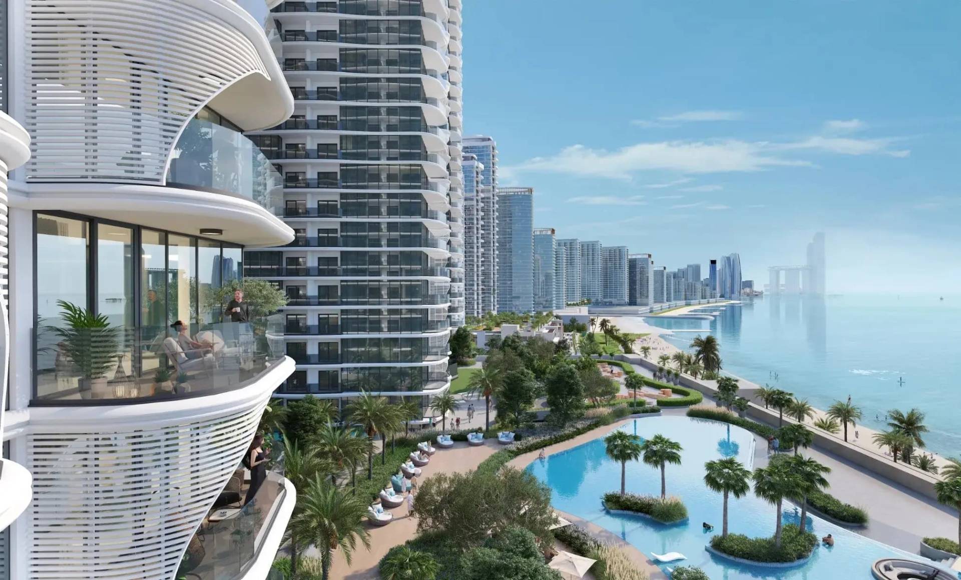 Curved balconies of the Sobha Aquacrest towers with panoramic views of the sea, lagoon and palm-lined beach