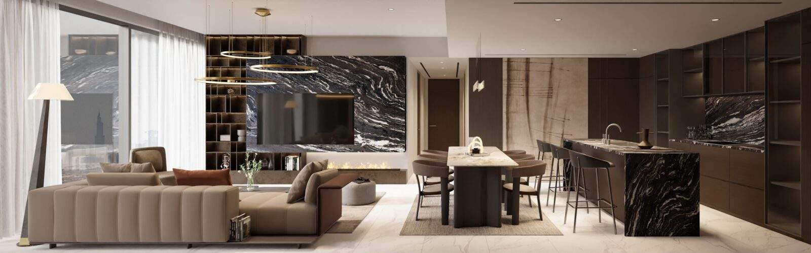 Prostorný obývací a jídelní prostor apartmánu s mramorovou stěnou, krbem a designovým osvětlením
