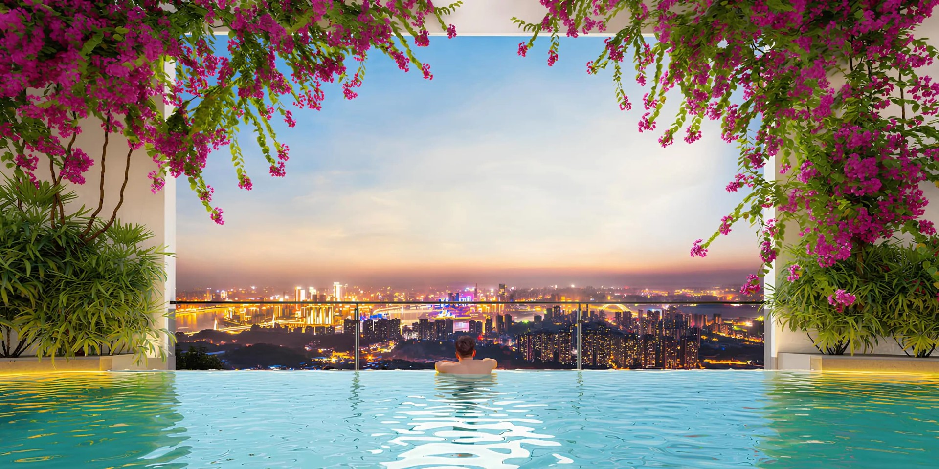Rooftop infinity pool framed by bougainvillea with panoramic Dubai skyline at dusk