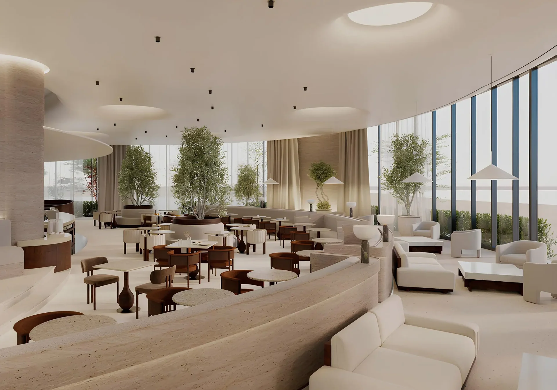 Panoramatická lounge a kavárna s olivovníky a prosklenou fasádou