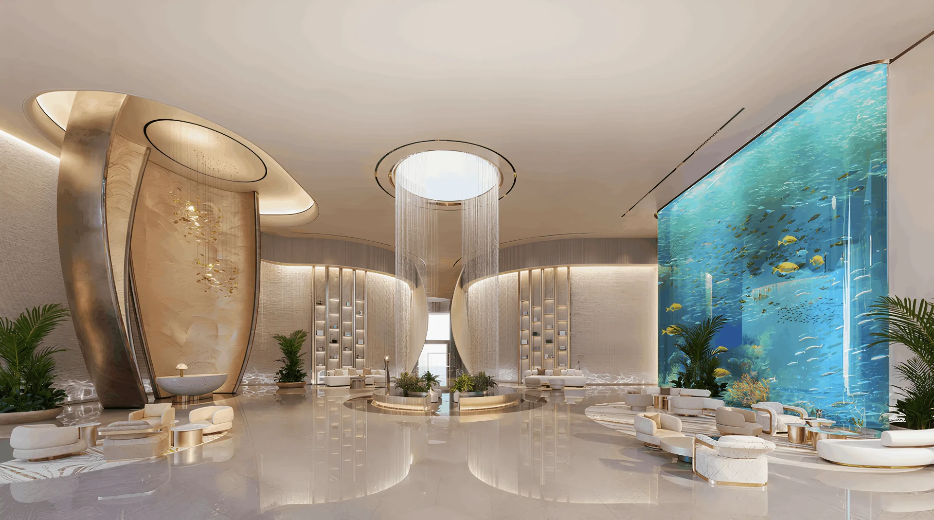 Lobby Breeze s obřím akváriem, vodopádovými lustry a sochařskými zlatými prvky v prémiových tónech