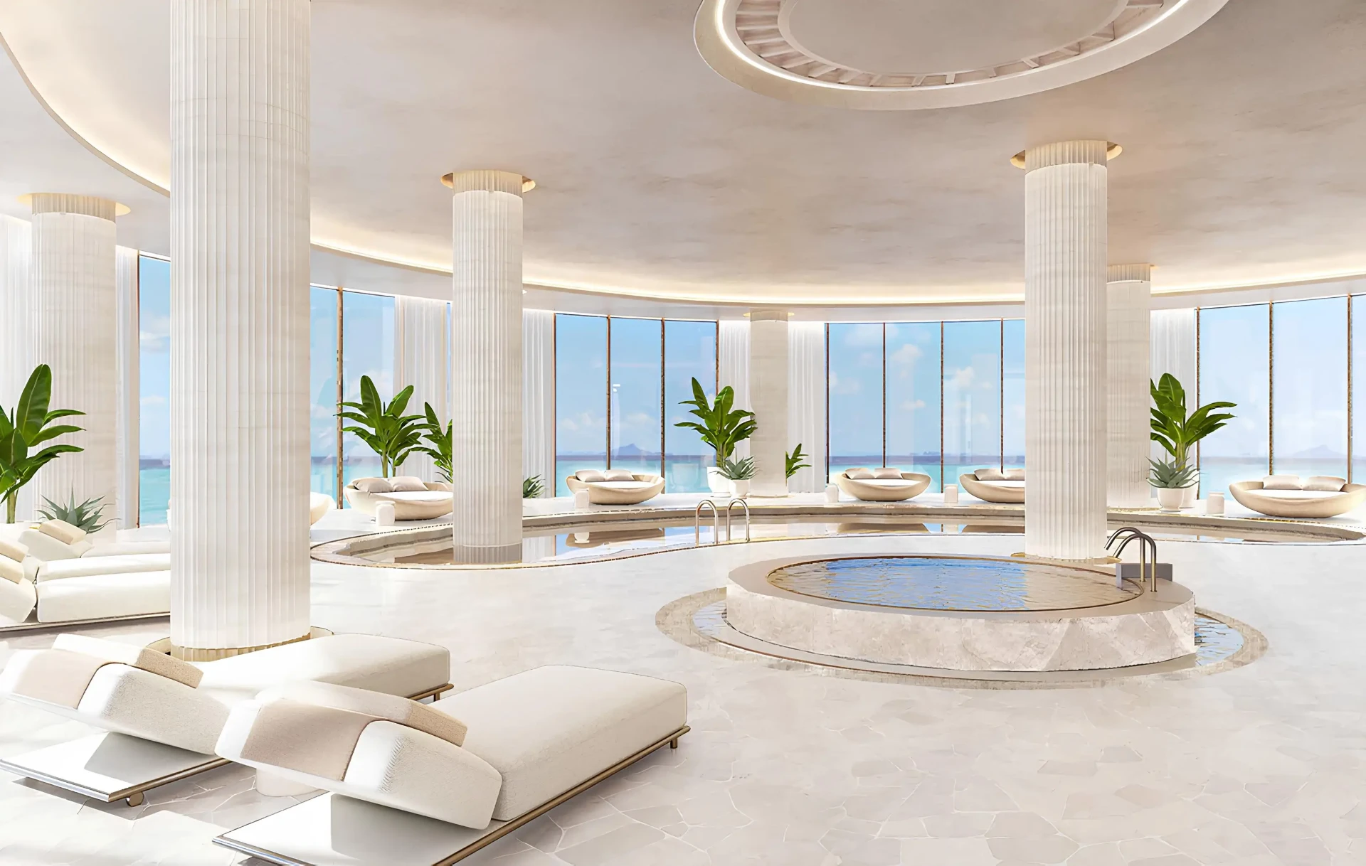 Vnitřní jacuzzi a odpočinková zóna s výhledem na moře