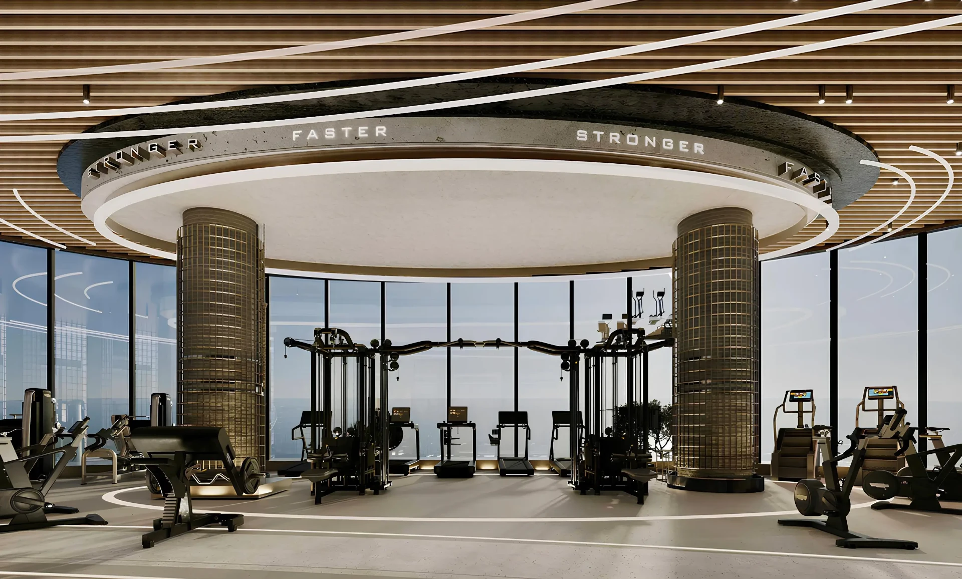 Fitness centrum s prosklenou fasádou a designovým stropem