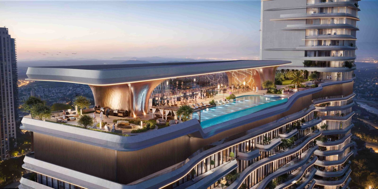 Sky lounge a večerní panorama města