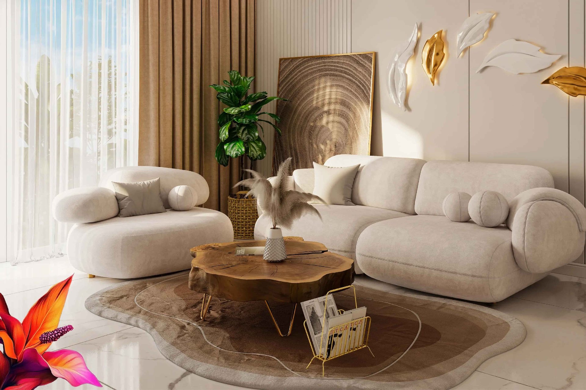 Living room with bouclé sofa, natural wood coffee table and designer accents
